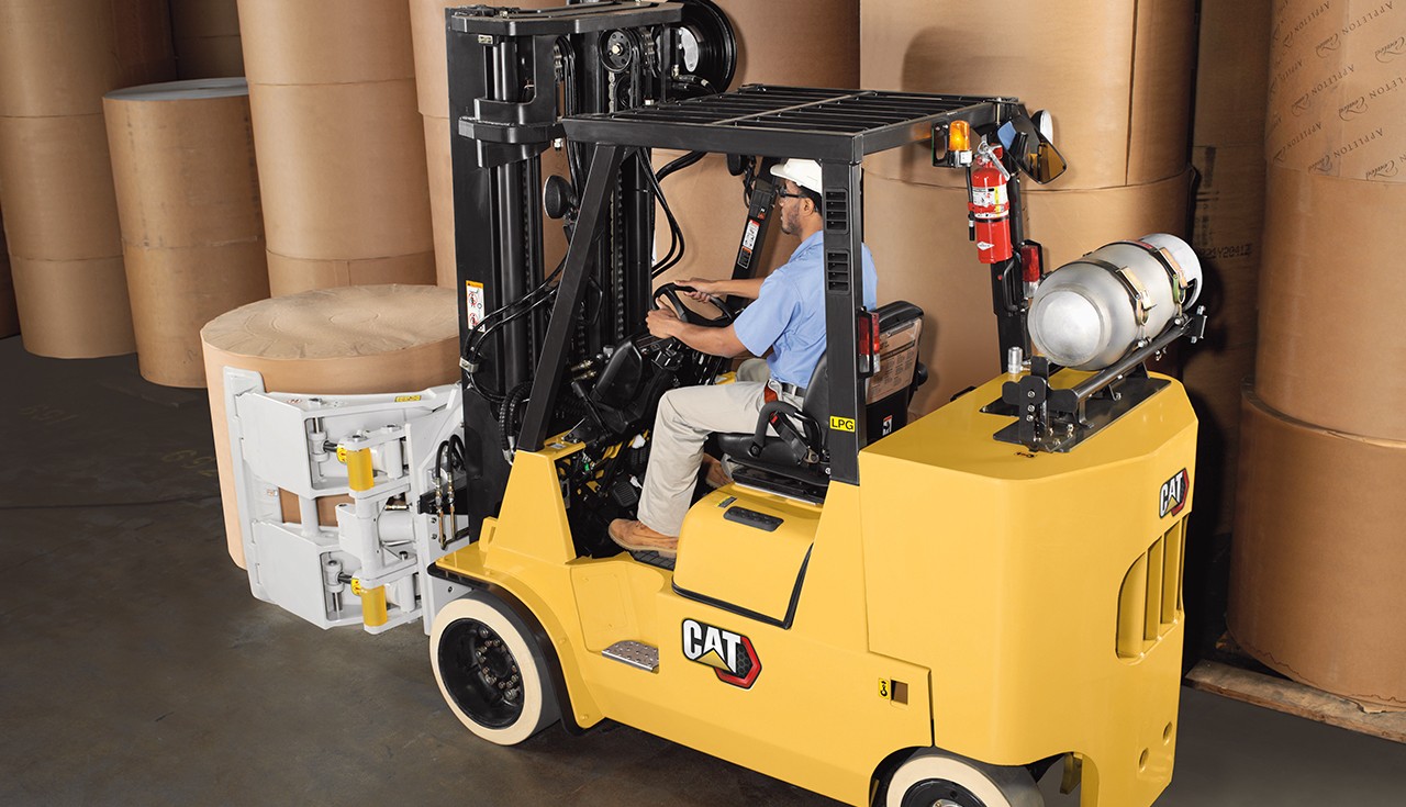 Cat forklift in warehouse with carton clamp